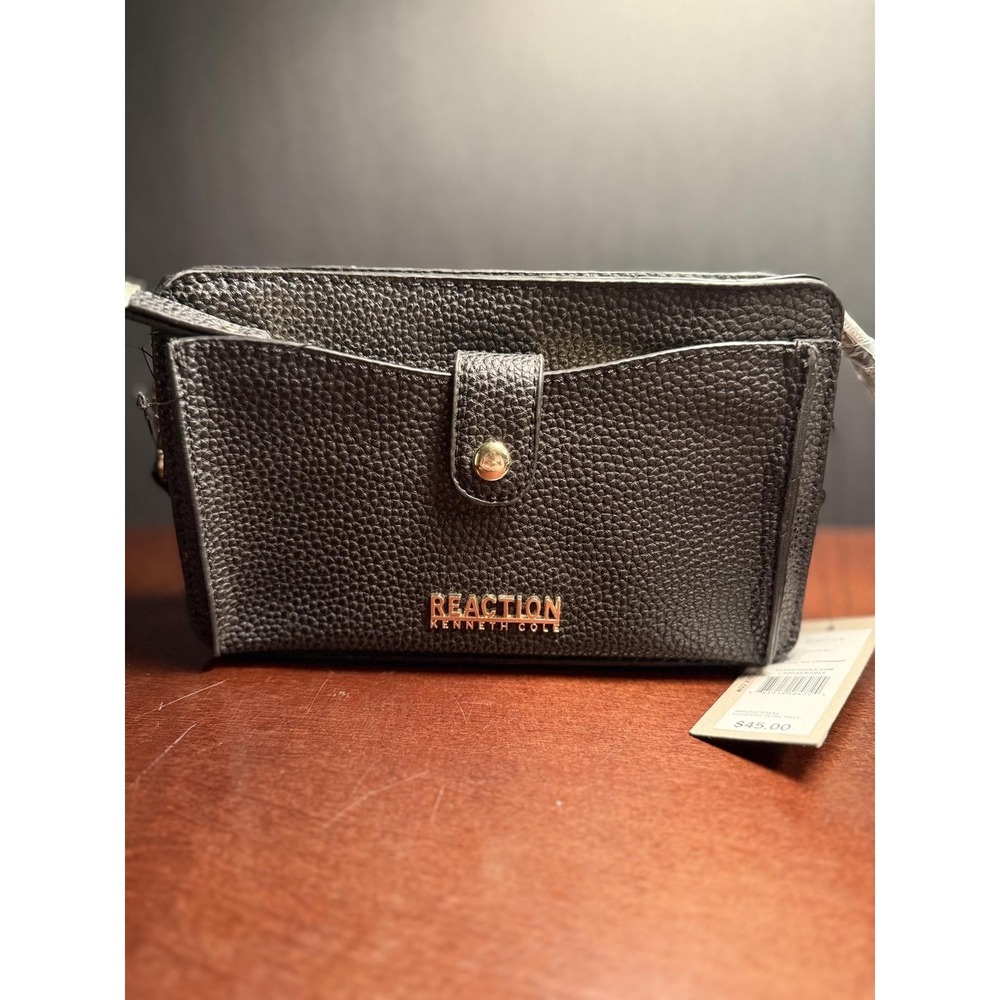 Kenneth Cole Reaction Alpine Mid Crossbody Bag Black Pebbled Faux Leather NEW